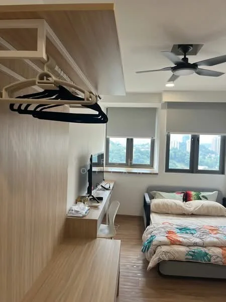 Bedroom features: queen-size bed, upholstered headboard, decorative bedding with floral pattern, wooden flooring, ceiling fan with light, built-in wardrobe with hanging space, study desk with chair, wall-mounted TV, window with city view, two windows with roller blinds; style: modern; view: city.