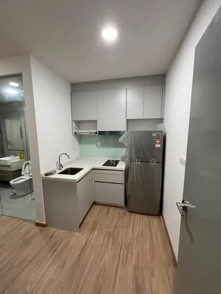 Kitchen features: grey cabinetry, white countertop, single-bowl stainless-steel sink, chrome pull-down faucet, built-in oven, fridge, tile backsplash, wooden flooring, recessed downlights; style: modern.