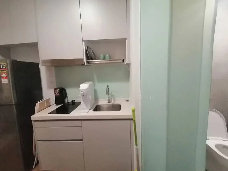 Kitchen features: white cabinetry, stainless-steel sink, chrome pull-down faucet, black glass cooktop, built-in microwave, kettle, refrigerator, light grey tiled backsplash, grey tiled flooring, wall-mounted storage, open shelving; style: modern. Room features: white walls, grey tiled flooring.