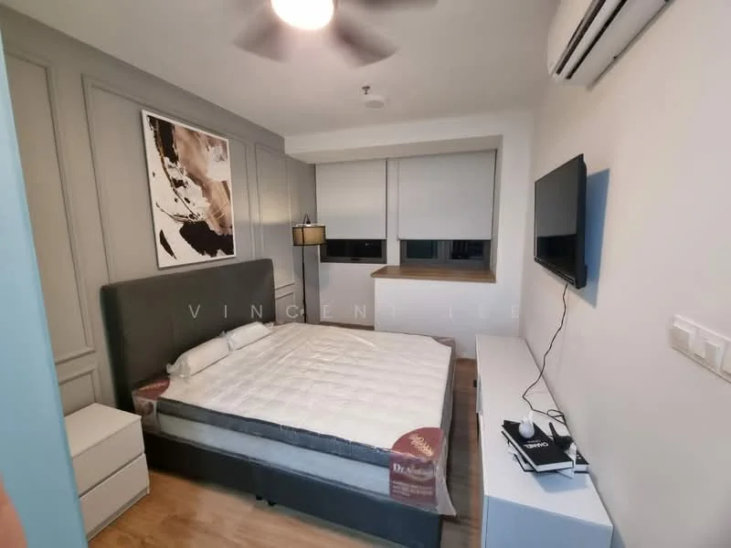 Bedroom features: queen-size bed, upholstered headboard, bedside lamps, wall-mounted TV, white dresser, wooden flooring, ceiling fan, window with blinds, decorative artwork on wall, air conditioning unit; style: modern.