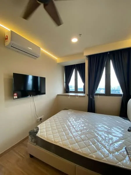 Bedroom features: queen-size bed, upholstered headboard, wall-mounted TV, 5-blade ceiling fan, floor-to-ceiling windows, blackout curtains, light-colored painted walls, laminate flooring, air conditioning unit; style: modern; view: city.
