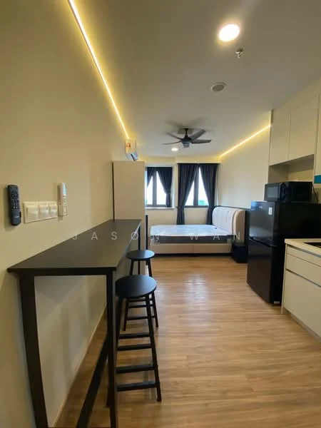Room features: light wood flooring, white painted walls, black bar table with three stools, black refrigerator, sofa bed, ceiling fan, large windows with dark curtains, recessed LED lighting; style: modern.