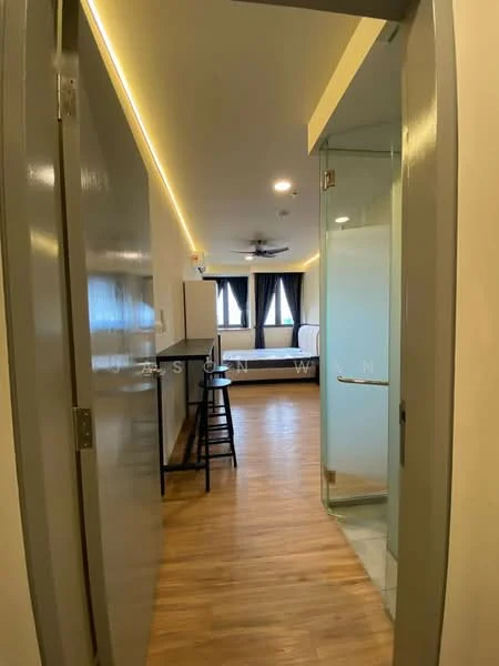 Room features: wooden flooring, recessed downlights, ceiling fan, glass shower enclosure, black bar stools, kitchen counter, large window with curtains, neutral wall color; style: modern.