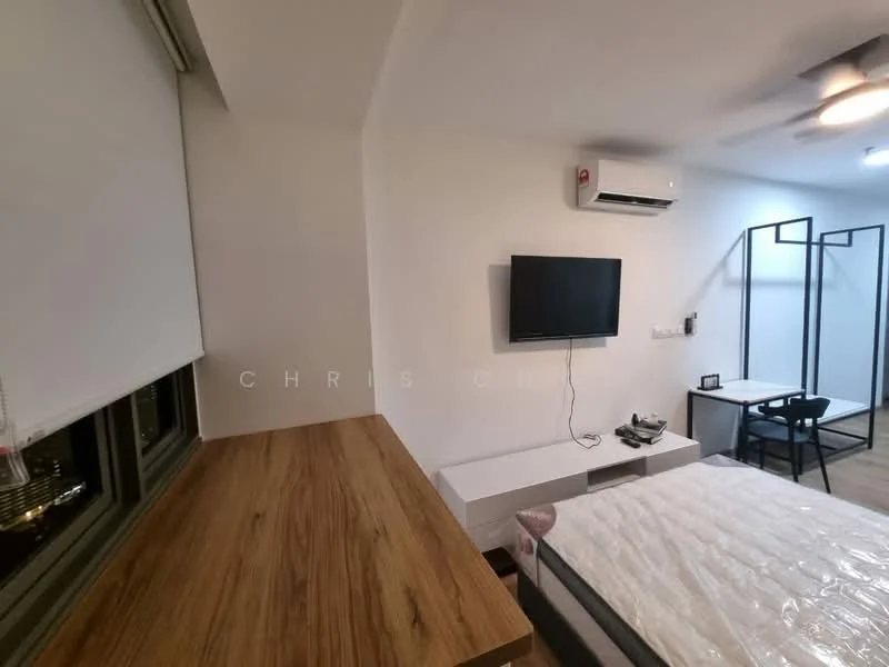Room features: white painted walls, wooden flooring, 1 wall-mounted split AC, 5-blade ceiling fan, wall-mounted TV, wooden desk, black dining chair, bed with mattress, TV console, window with roller blinds; style: modern; view: city.