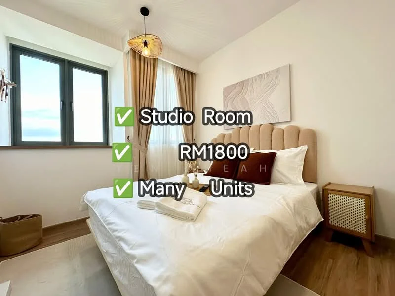 Bedroom features: queen-size bed with upholstered headboard, white bedding, wooden bedside table, table lamp, framed artwork on wall, floor-to-ceiling window, curtains, wooden flooring, decorative throw pillows; style: modern; view: city.
