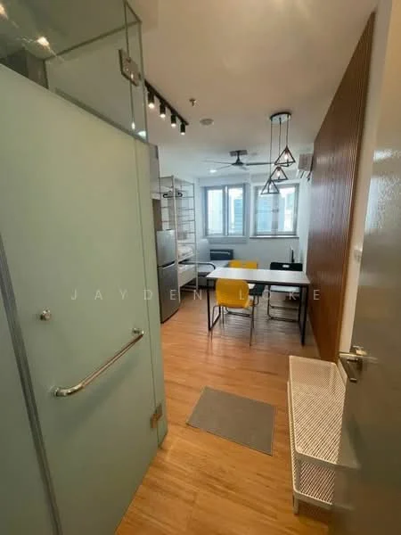 Kitchen features: glass shower door, wooden flooring, white cabinetry, stainless-steel fridge, black dining table, yellow dining chair, open shelving, recessed downlights, large windows, grey countertop, modern pendant lighting; style: modern.