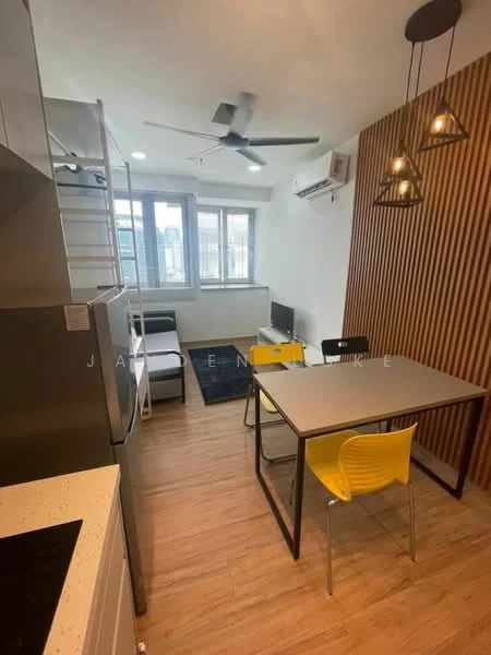 Living features: wooden flooring, white painted walls, exposed wood panel accent wall, ceiling fan, recessed downlights, 2-seater sofa, TV console, wall-mounted TV, dining table with 4 chairs, kitchenette with countertop, stainless-steel sink, built-in cabinets, large windows with city view; style: modern; view: city.