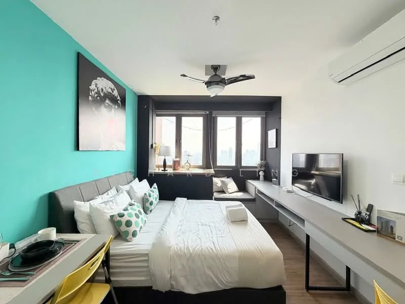 Bedroom features: queen-size bed with white bedding, upholstered headboard in grey, decorative pillows with polka dots, 2 bedside lamps, wall-mounted TV, study desk with chair, ceiling fan with light, air conditioning unit, large windows with city view, turquoise accent wall, wooden flooring, decorative artwork on wall; style: modern; view: city.