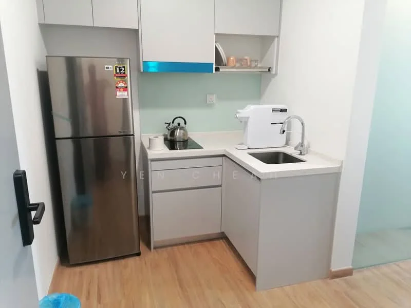 Kitchen features: stainless-steel fridge, single-bowl stainless-steel sink, chrome pull-down faucet, white laminate cabinetry, light grey countertop, built-in microwave, kettle, wood laminate flooring, white painted walls, glass splashback; style: modern.