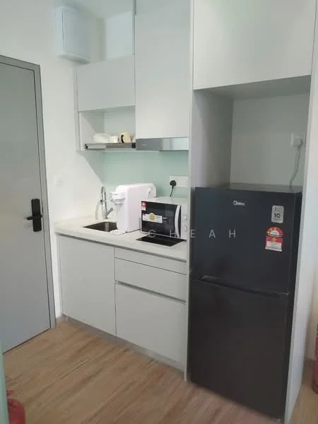 Kitchen features: white cabinetry, black refrigerator, single-bowl stainless-steel sink, chrome pull-down faucet, built-in countertop, microwave, coffee machine, wood laminate flooring, wall-mounted cabinet, under-cabinet lighting; style: modern.
