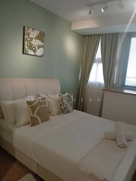 Bedroom features: queen-size bed, upholstered headboard, white bedding, decorative pillows, green accent wall, wooden flooring, floor-to-ceiling window, sheer curtains, roller blinds, wall-mounted artwork, track lighting; style: modern.