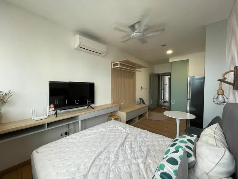 Bedroom features: queen-size bed, upholstered headboard, bedside table, wall-mounted TV, 5-blade ceiling fan with light, built-in wardrobe, wooden flooring, decorative wall paneling, window with sheer curtains, refrigerator, small round dining table, open shelving unit; style: modern.