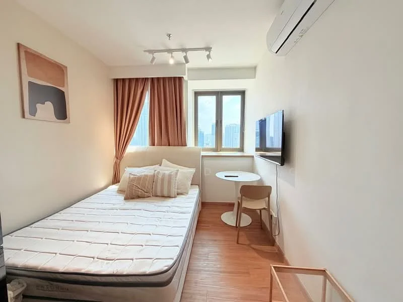 Bedroom features: queen-size bed, upholstered headboard, wooden flooring, floor-to-ceiling window, curtains, wall-mounted TV, small round dining table, single chair, recessed downlights, air conditioning unit; style: modern; view: city.
