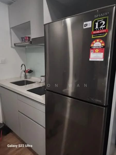Kitchen features: stainless-steel fridge, double-bowl stainless-steel sink, chrome pull-down faucet, white quartz countertop, white cabinetry, built-in kitchen cabinet, tile backsplash, wood laminate flooring; style: modern.