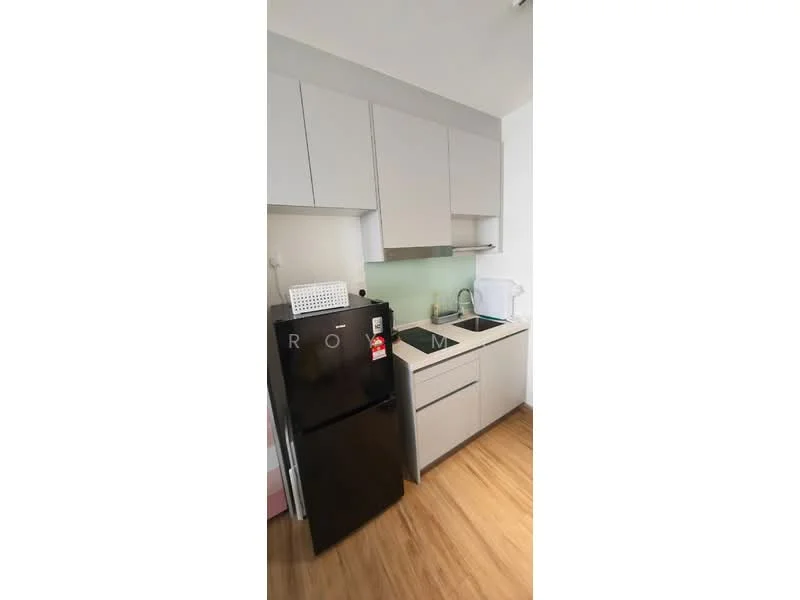 Kitchen features: black fridge, single-bowl stainless-steel sink, chrome pull-down faucet, light grey cabinetry, white countertop, glass backsplash, wood laminate flooring, built-in oven, microwave, kitchen utensils on countertop; style: modern.