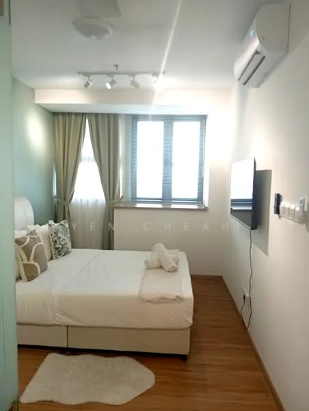 Bedroom features: queen-size bed with white bedding, upholstered headboard, 2 bedside pillows, wall-mounted TV, floor-to-ceiling window, sheer curtains, wooden flooring, 1 wall-mounted split AC, recessed downlights, decorative wall art, area rug with soft texture; style: modern; view: city.