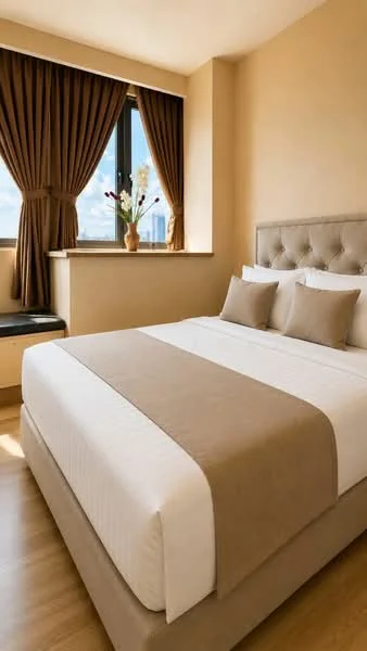 Bedroom features: king-size bed with beige bedspread, upholstered headboard, two decorative pillows, wooden flooring, floor-to-ceiling window, brown curtains, window seat with cushion, decorative vase with flowers, neutral wall color, nightstand with lamp; style: modern; view: city.