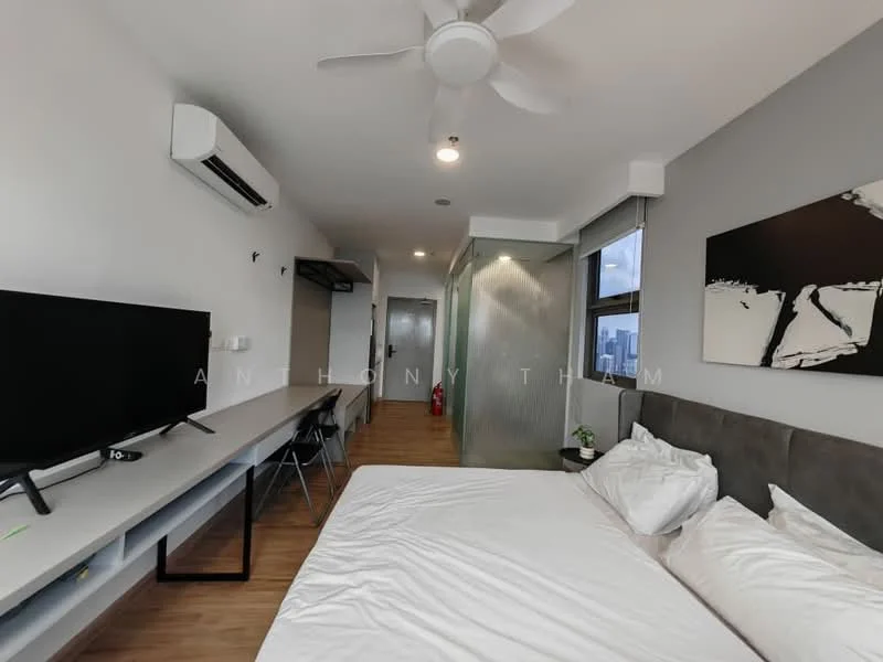 Bedroom features: queen-size bed, upholstered headboard, 2 bedside lamps, wall-mounted TV, desk with chair, built-in wardrobe, wooden flooring, 5-blade ceiling fan with light, floor-to-ceiling windows, grey accent wall, white painted walls, air conditioning unit; style: modern; view: city.