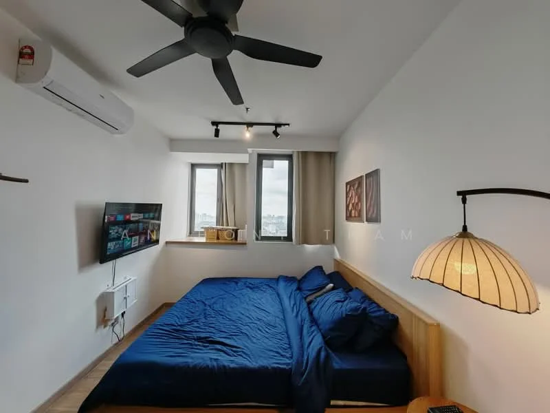 Bedroom features: king-size bed with blue bedding, wooden headboard, wall-mounted TV, 1 wall-mounted split AC, 5-blade ceiling fan, floor-to-ceiling windows, curtains, laminate flooring, decorative pendant light, framed artwork on walls; style: modern; view: city.