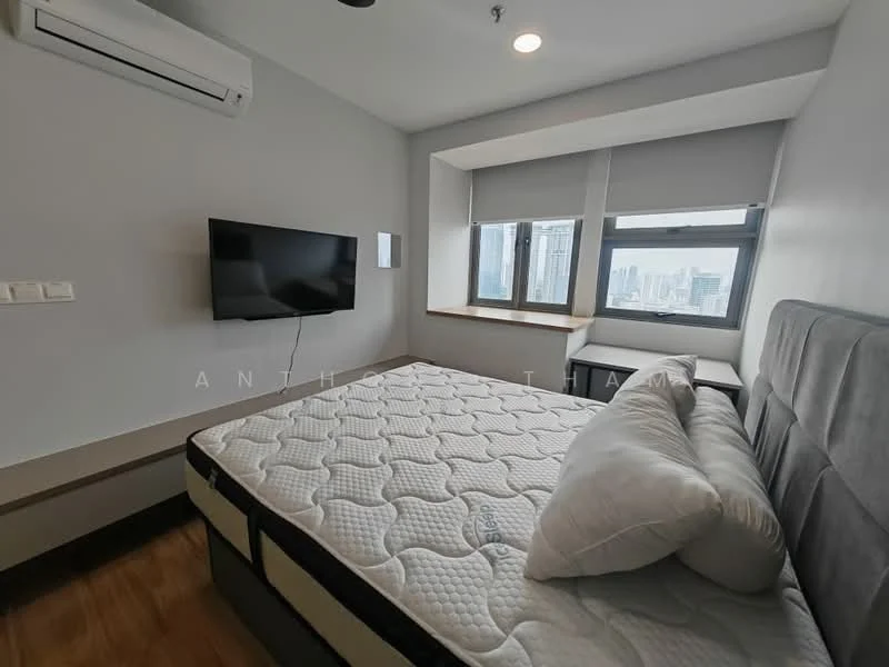 Bedroom features: queen-size bed, upholstered headboard, wall-mounted TV, 1 wall-mounted split AC, large window with city view, grey painted walls, wood flooring, bedside table, roller blinds; style: modern; view: city.