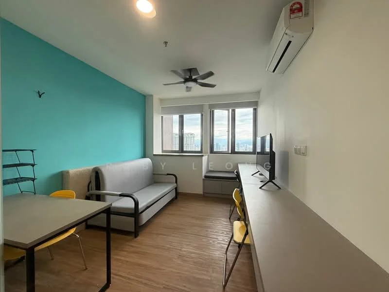 Living features: light blue accent wall, white painted walls, laminate flooring, 3-seater sofa in grey, ceiling fan, floor-to-ceiling windows, desk with chair, open shelving unit, air conditioning unit; style: modern; view: city.