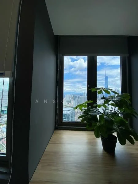 Room features: large window with city view, roller blinds, wooden window sill, potted plant, grey painted walls, wooden flooring; style: modern; view: city.