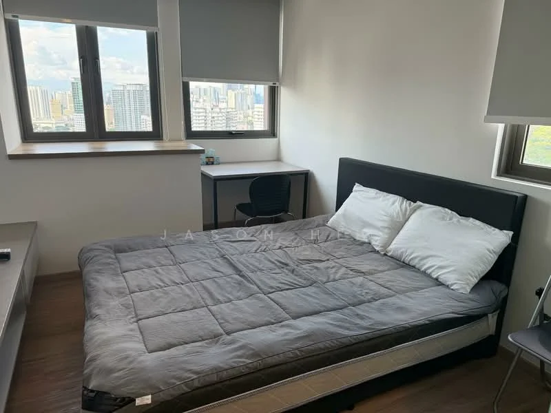 Bedroom features: queen-size bed with grey bedding, wooden flooring, floor-to-ceiling windows, city skyline view, desk with chair, roller blinds on windows, light-colored walls, minimalist decor; style: modern; view: city.