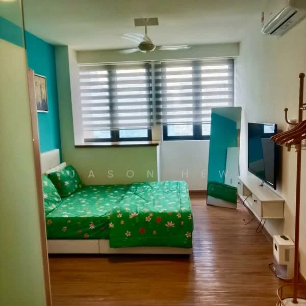 Bedroom features: green floral bedding, white upholstered bed frame, wood laminate flooring, floor-to-ceiling windows, roller blinds, wall-mounted TV, TV console, ceiling fan, decorative mirror, clothes rack; style: modern; view: city.