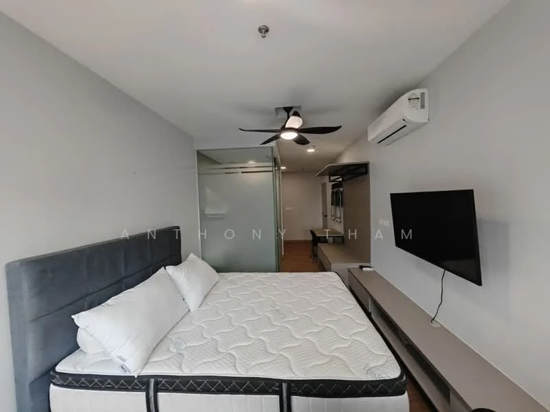 Bedroom features: queen-size bed, upholstered headboard, 2 white pillows, ceiling fan with light, wall-mounted TV, wooden flooring, glass partition, air conditioning unit, built-in wardrobe, neutral grey walls, floating TV console; style: modern.