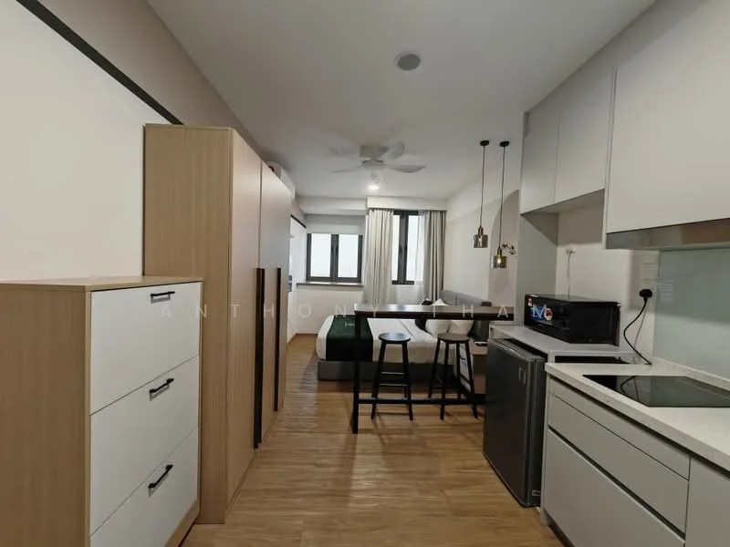 Kitchen features: white cabinets, wooden cabinetry, stainless-steel sink, chrome pull-down faucet, granite countertop, built-in microwave, stainless-steel fridge, 4-burner gas hob, exposed ceiling with recessed lighting, wooden flooring, pendant lights, dining table with two chairs, ceiling fan; style: modern.