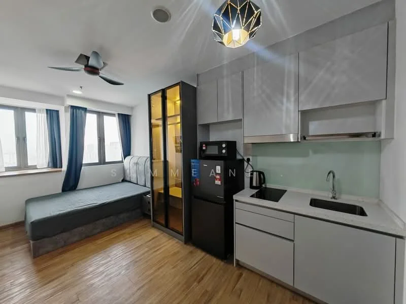 Room features: single-bowl stainless-steel sink, chrome pull-down faucet, white cabinetry, grey countertop, black refrigerator, built-in wardrobe with glass doors, queen-size bed, ceiling fan with light, large windows, blue curtains, wooden flooring, recessed lighting; style: modern; view: city.