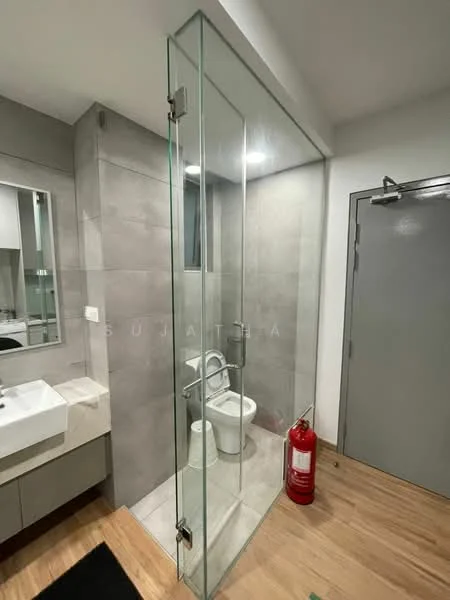 Bathroom features: glass shower enclosure, rain shower head, handheld shower, white ceramic toilet, single-sink vanity with grey cabinet, mirror above vanity, grey tiled walls, wooden flooring, fire extinguisher, recessed lighting; style: modern.