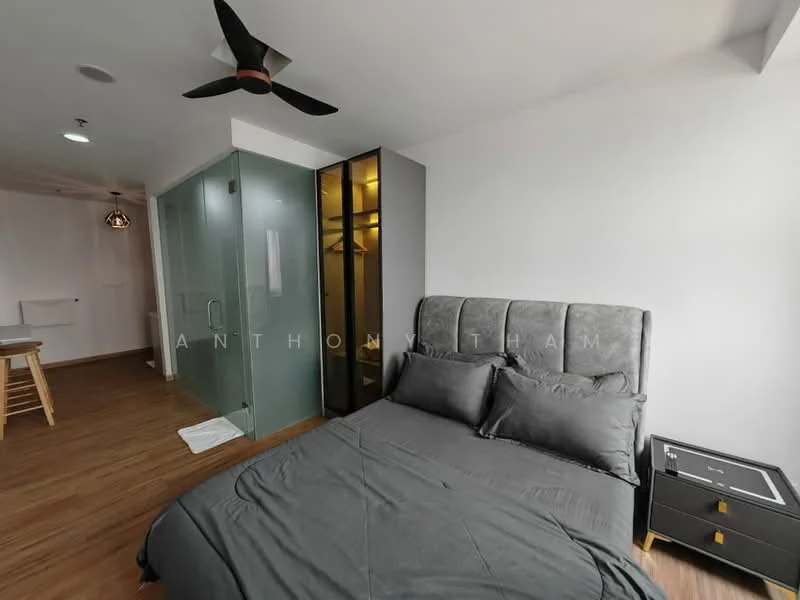 Bedroom features: king-size bed with grey upholstered headboard, black bedside table, recessed downlights, 5-blade ceiling fan, glass wardrobe with sliding doors, wooden flooring, grey bedding, decorative wall art, open shelving unit, white walls; style: modern.