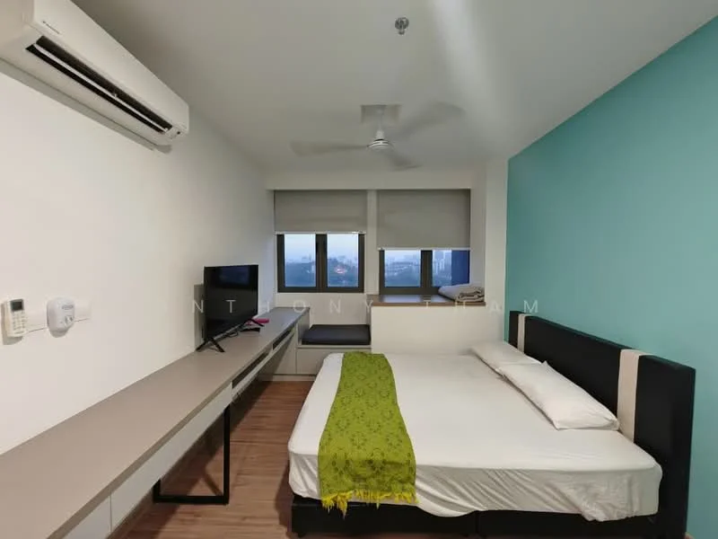Bedroom features: king-size bed, upholstered headboard, bedside table, desk with chair, wall-mounted TV, floor-to-ceiling windows, roller blinds, light green accent wall, white painted walls, wood laminate flooring, ceiling fan, wall-mounted air conditioning unit; style: modern; view: city.