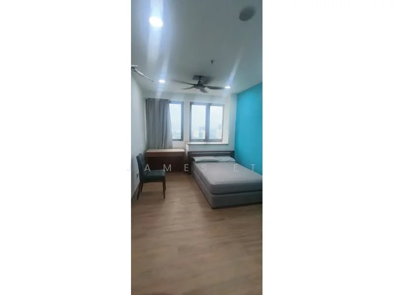 Bedroom features: light wood flooring, blue accent wall, white painted walls, floor-to-ceiling windows, curtains, ceiling fan, single bed, chair, nightstand; style: modern; view: city.