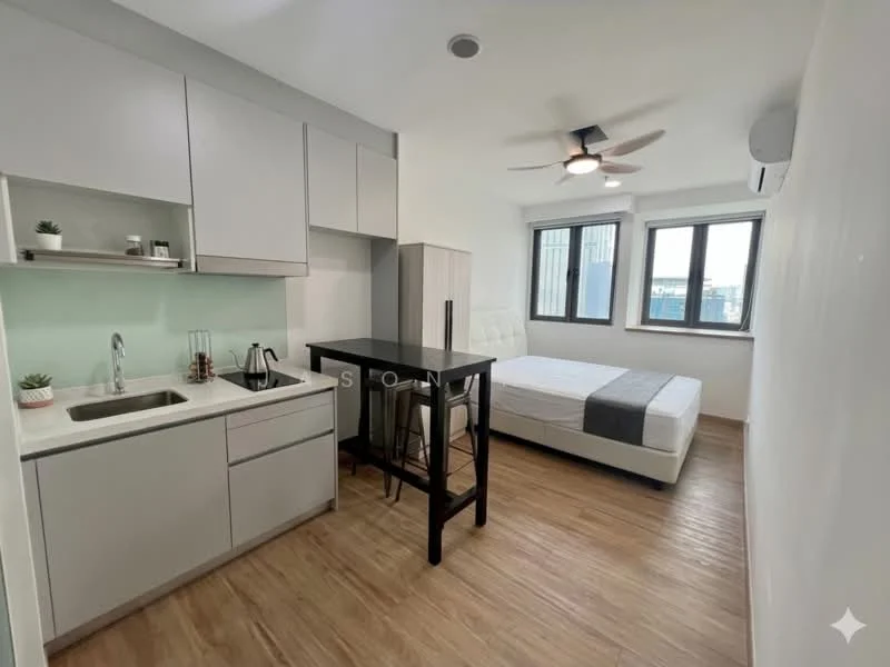 Kitchen features: single-bowl stainless-steel sink, chrome pull-down faucet, white cabinetry, black countertop, built-in refrigerator, stove, open shelving, green backsplash; style: modern; view: city. Bedroom features: queen-size bed, upholstered headboard, bedside table, ceiling fan, floor-to-ceiling windows, wooden flooring; style: modern; view: city.