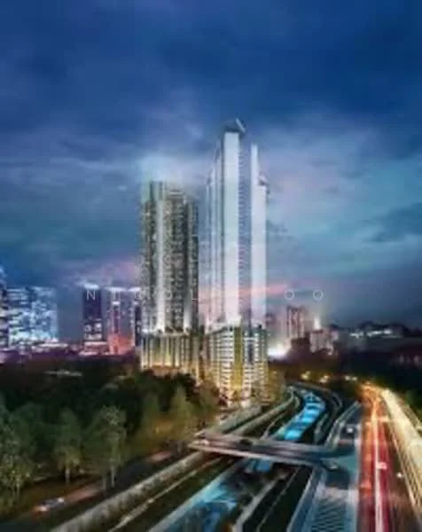 Exterior type: high-rise condominium; features: glass curtain wall, illuminated facade, surrounded by greenery, waterway in front, multiple towers, urban skyline in background, landscaped grounds, pedestrian bridge, night view, modern architectural design; style: modern.
