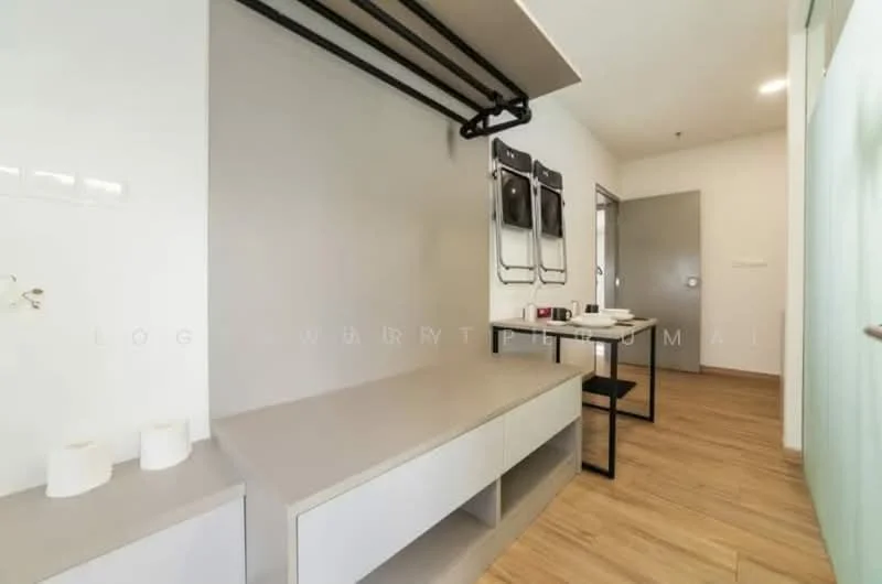 Laundry features: grey painted walls, wooden flooring, built-in cabinetry with storage, folding table, metal drying rack, wall-mounted hooks, white ceramic sink, door leading to hallway; style: modern.