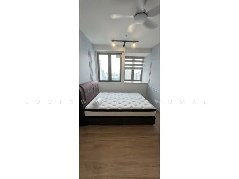 Bedroom features: king-size bed frame, mattress, 5-blade ceiling fan, floor-to-ceiling windows, roller blinds, light grey painted walls, laminate flooring, track lighting; style: modern; view: city.