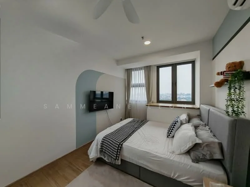 Bedroom features: queen-size bed, upholstered headboard, bedside lamps, wall-mounted TV, floor-to-ceiling windows, sheer curtains, wooden flooring, ceiling fan, decorative wall with blue and grey paint, greenery decor, teddy bear on bed; style: modern; view: city.