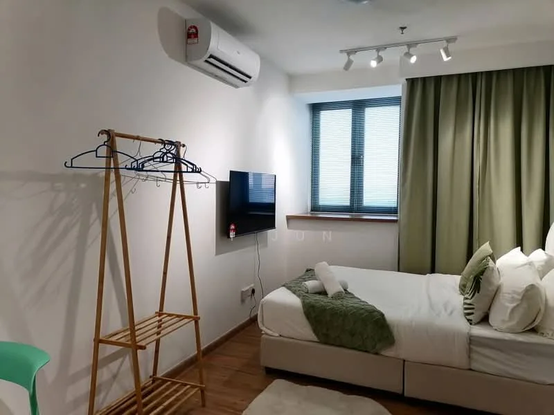 Bedroom features: queen-size bed, white bedding, green throw blanket, wooden flooring, wall-mounted TV, 1 wall-mounted split AC, floor-to-ceiling windows, green curtains, clothes rack, shelf unit, decorative pillows; style: modern.