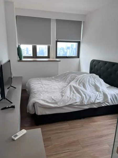 Bedroom features: king-size bed with white bedding, upholstered headboard in dark fabric, 2 windows with grey roller blinds, wooden flooring, TV on a low-profile console, decorative vase on window sill, minimalist decor, white painted walls; style: modern; view: city.