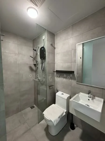 Bathroom features: grey tiled walls, grey tiled flooring, walk-in shower with glass enclosure, rain shower head, handheld shower, toilet with white finish, single-sink vanity with wall-mounted cabinet, mirror above sink, chrome basin mixer, shower control panel, towel rack, exhaust fan; style: modern.