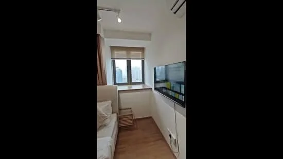 Room features: light wood flooring, white painted walls, floor-to-ceiling window, window treatments with blinds, wall-mounted TV, built-in cabinetry, air conditioning unit, recessed lighting; style: modern; view: city.