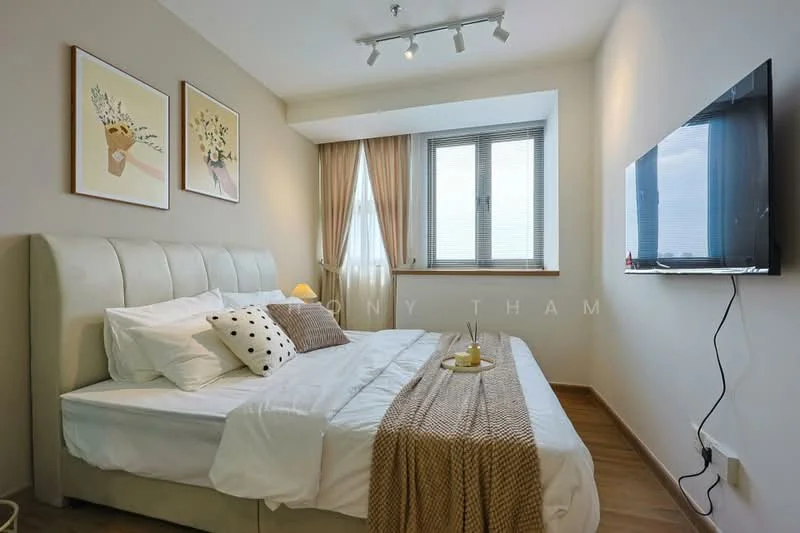 Bedroom features: king-size bed with upholstered headboard, white bedding with decorative pillows, bedside lamp, wall-mounted TV, floor-to-ceiling windows, sheer curtains, wooden flooring, decorative wall art, throw blanket; style: modern; view: city.
