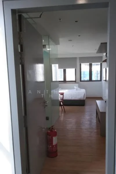 Room features: wooden flooring, large windows, white walls, bed with white bedding, wooden chair, wooden table, fire extinguisher, ceiling lights; style: modern; view: city.