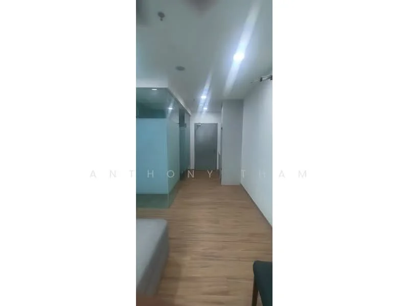 Room features: wooden flooring, white painted walls, recessed downlights, glass partition, door, open layout, ceiling, neutral color scheme; style: modern.