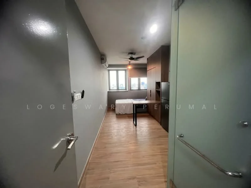 Room features: grey painted walls, laminate flooring, ceiling fan, window with city view, kitchen cabinetry, refrigerator, dining table, light fixtures; style: modern; view: city.