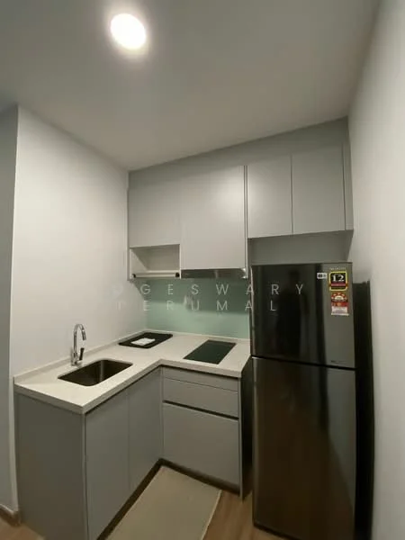 Kitchen features: grey cabinetry, white countertop, single-bowl stainless-steel sink, chrome pull-down faucet, built-in stove with cooktop, stainless-steel fridge, tile backsplash, laminate flooring, recessed downlights; style: modern.
