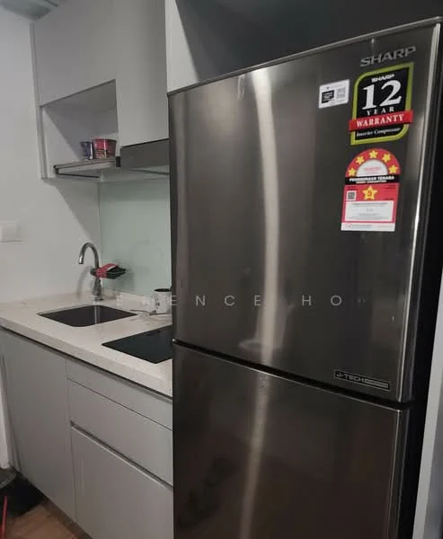 Kitchen features: stainless-steel fridge, double-bowl stainless-steel sink, chrome pull-down faucet, white cabinetry, laminate countertop, built-in induction hob, wall-mounted cabinets, tile backsplash; style: modern.